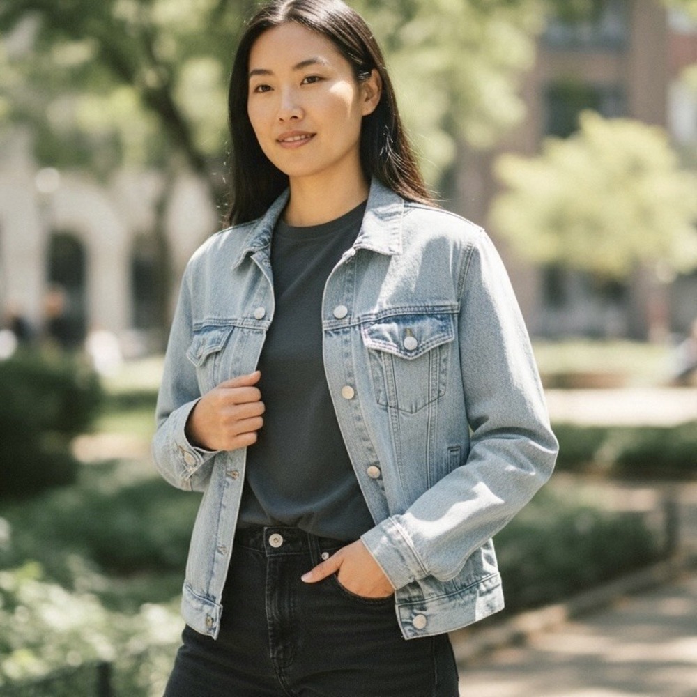 Vervet Women Trendy Distressed Boyfriend Blue Denim Trucker Jacket Sz Large NWOT